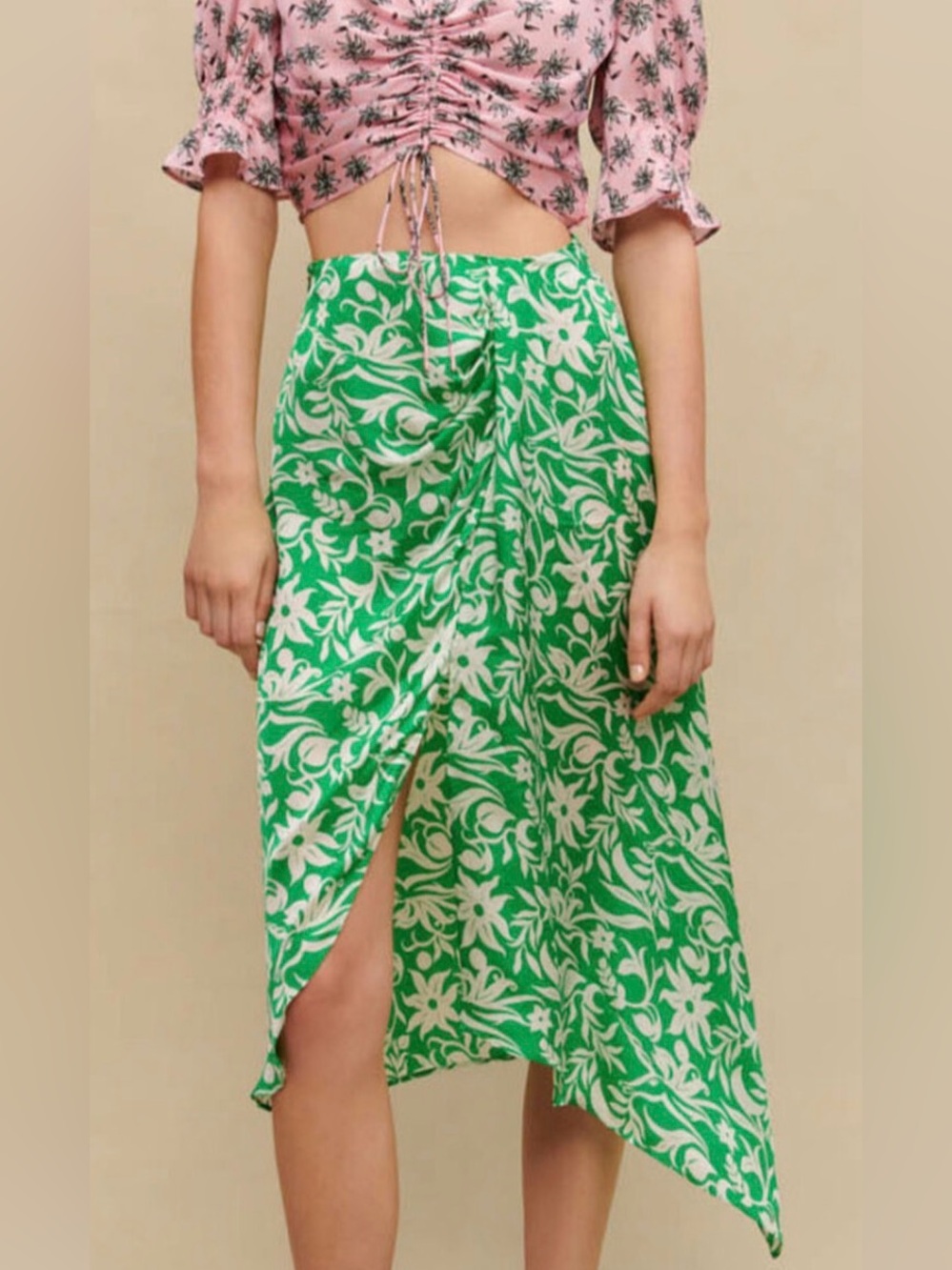 Maje Green Dreamlike Floral Draped Asymmetric Midi Skirt 38